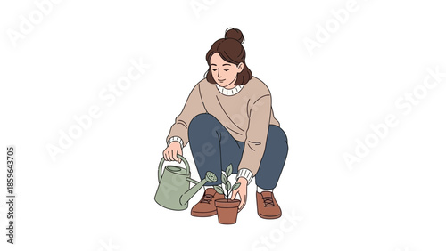 Young woman watering plants in a minimalistic indoor garden illustration