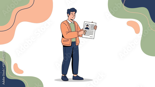 Young man holding a resume or identification document with a cheerful expression standing amidst