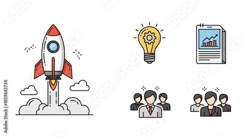 Startup success with innovative ideas, teamwork, and growth.