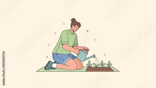 Young woman watering and caring for young seedlings in a garden or farm setting