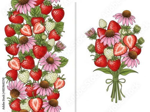 Strawberries and flowers bouquet isolated on transparent background