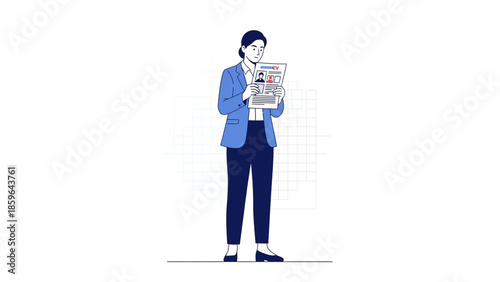 professional woman in business attire reading a newspaper standing confidently