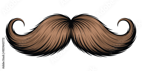 Curly brown mustache and beard illustration with Movember theme, vector element for men’s health, grooming awareness projects, and facial hair advocacy designs.
