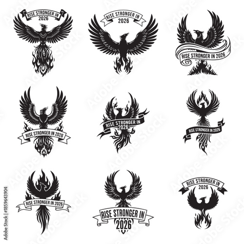 Monochrome Intricate Phoenix Illustration Banner Rise Stronger Text