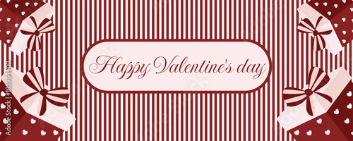 Valentine’s Day retro horizontal banner in red and pink colors with gift boxes bows and hearts illustration