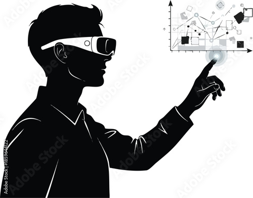Virtual Reality: Headset display with graphics interface and data charts. Digital immersive experience.