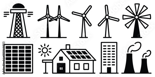 renewable energy and industrial icons in black outline style, wind turbine and solar panel symbols for sustainability, green technology, power generation, eco industry, and modern vector design.