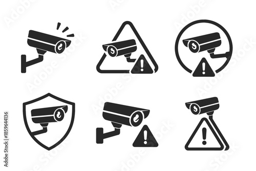 A set of 6 black silhouette icons (pictograms) on a white background, dedicated to the theme of video surveillance and security systems. The icons are made in a simple flat glyph