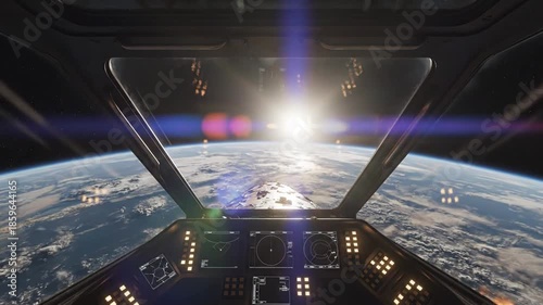 Cosmic explosion view from spaceship window earth planet view technology and science concept