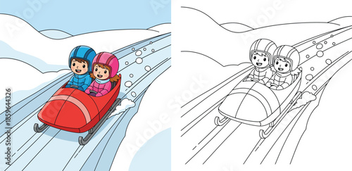 Coloring book page for kids with two children riding a bobsled on a snowy track vector illustration