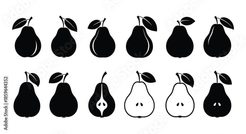 A collection of black silhouette pears arranged in a grid pattern