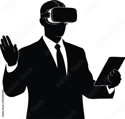 Virtual reality user. Man in VR headset interacting in metaverse. Digital experience.