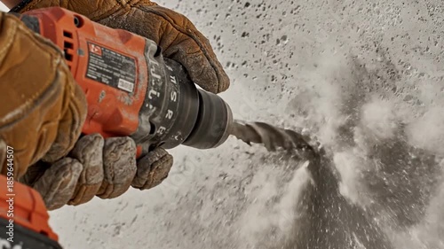 Close up of power drill drilling into concrete wall construction and repair activities