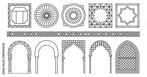 Islamic geometric patterns and architectural elements, intricate arabesque and Arabic ornament designs, Moroccan-inspired arches and decorative vector patterns