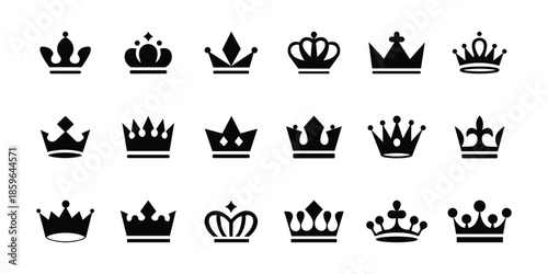 Royal Crown Icon Set – King Queen Crown, Luxury Royalty Symbol, Monarchy Black Silhouette Vector Collection