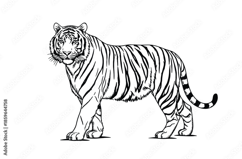 Obraz premium Black and White Tiger Illustration Standing Sideways with Stripes for Stock Image Library