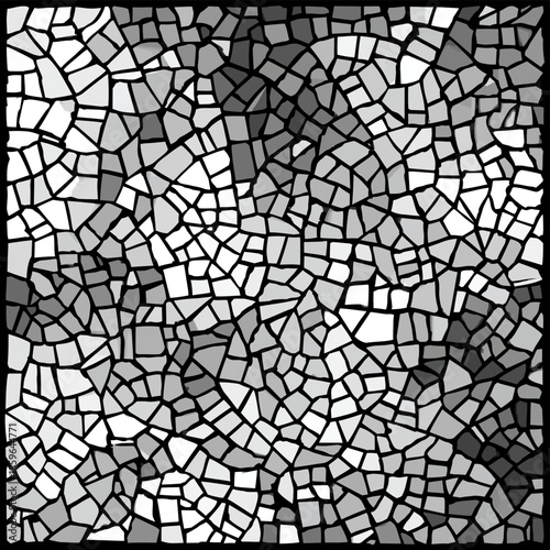 Black and white mosaic tiles pattern with gray shades and black grout lines, seamless design vector illustration