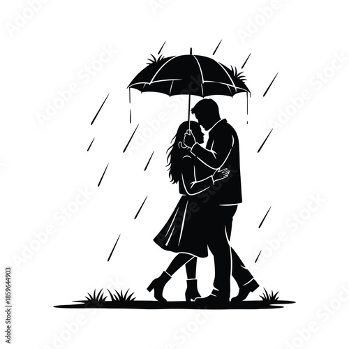 Couple Sharing Umbrella In Rain Illustration
