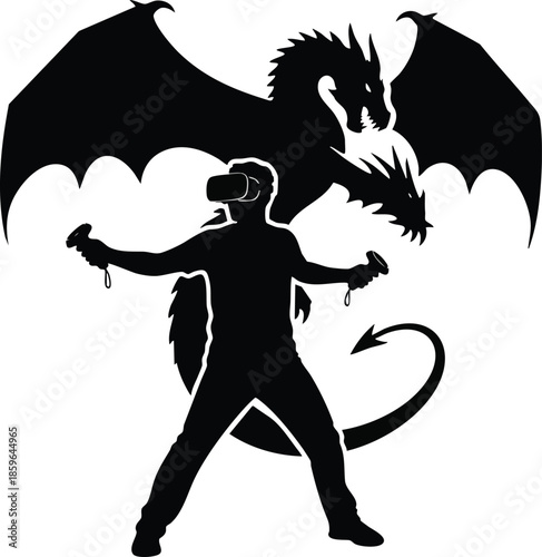Silhouette: Gamer with VR headset and mythical dragon. Virtual world entertainment.