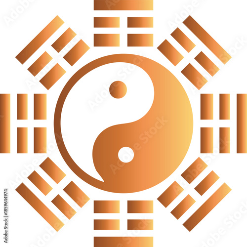 A vibrant depiction of a yin and yang symbol surrounded by eight trigrams showcasing eastern philosophy and balance on transparent background