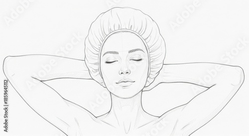 Simple pencil sketch of a relaxed woman wearing a hair wrap with her arms behind her head isolated on white background