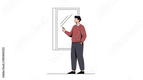 Illustration of a young man standing in front of a mirror while adjusting his appearance