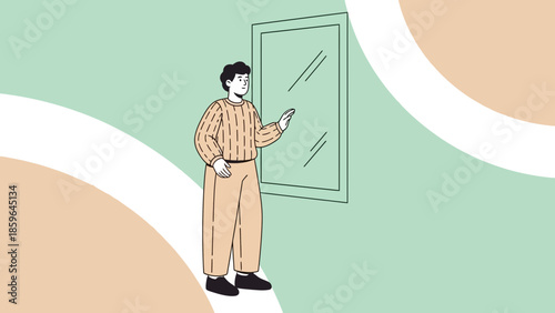 Illustration of a young man standing in front of a mirror while using a smartphone in a modern
