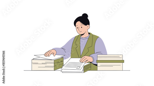 Illustration of a woman organizing and managing paper documents at her desk for administrative or