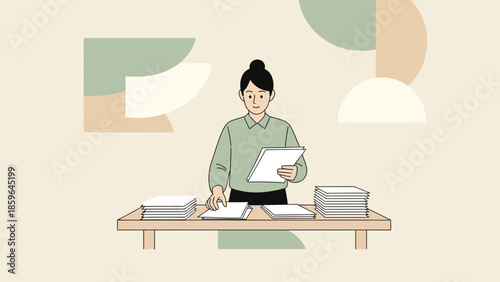 illustration of a woman organizing documents on a desk with stacks of papers in a minimalistic