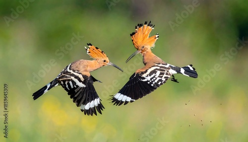 Two hoopoes in flight, vibrant colors