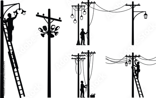 Electricity line maintenance workers silhouettes, power pole repair process, utility infrastructure service, electrical safety concept, street lighting installation illustration, industrial teamwork 