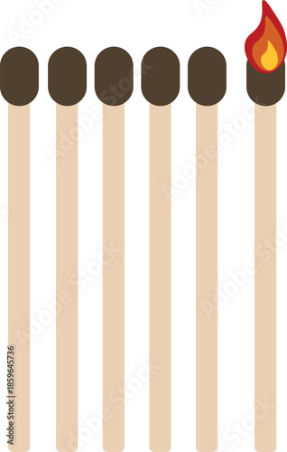 Minimalist vector illustration of wooden matches arranged in a row, with one match lit and burning.
