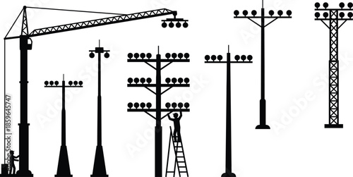 Stadium floodlight installation silhouettes with crane, workers, ladders, lighting towers, industrial construction scene, sports infrastructure development, urban engineering concept illustration