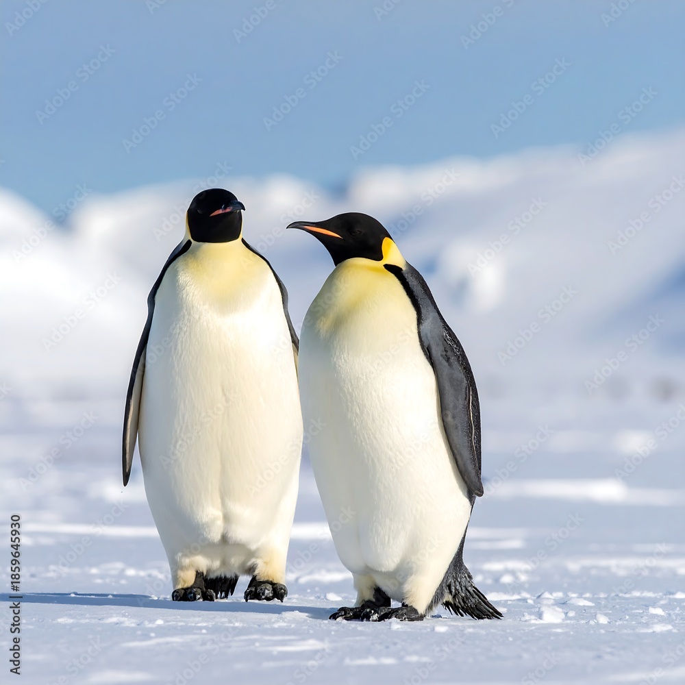Fototapeta premium Two penguins on a snowy landscape