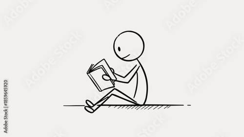 Simple stick figure character sitting and reading an open book.