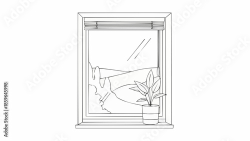 Sketch of a window with blinds and a potted plant.