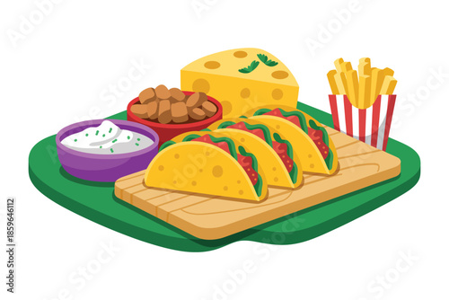 Mexican food items illustration featuring tacos, churros, corn on the cob, and beans arranged in visually appealing flat vector style for culinary and cultural design