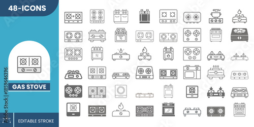 Gas Stove Icon Set Editable – Kitchen Appliance Symbols, Gas Burner, Home & Restaurant Vector Icons.