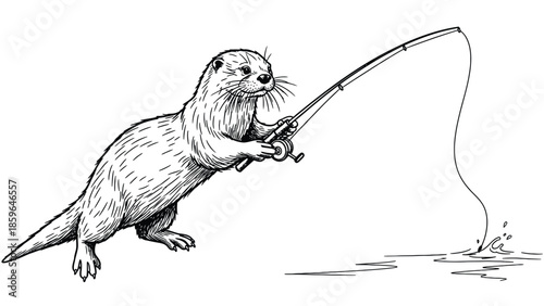 Otter Fishing With Rod, Playful Wildlife Illustration For Stock Use, Creative Scene