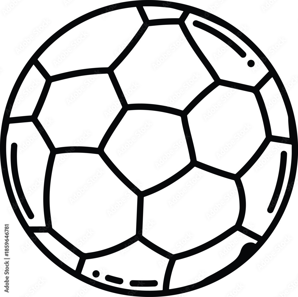 Obraz premium A simple black and white line art illustration of a classic soccer ball, ideal for sports-themed designs, game graphics, or athletic motifs, symbolizing play, competition, and teamwork