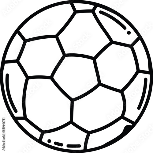A simple black and white line art illustration of a classic soccer ball, ideal for sports-themed designs, game graphics, or athletic motifs, symbolizing play, competition, and teamwork