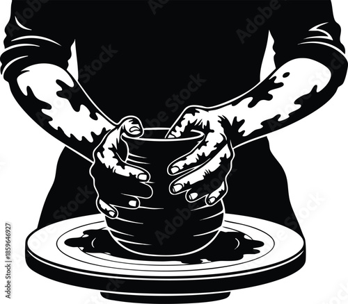 Ceramics art illustration. Hands shaping clay on pottery wheel. Craftsmanship and creativity concept.