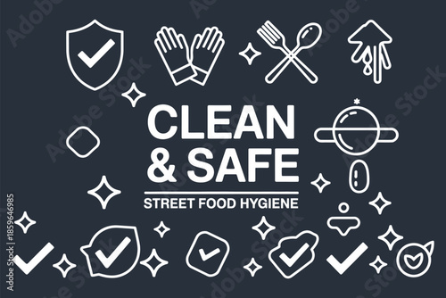 Street food hygiene illustration showing clean and safe food handling, safety precautions, and sanitation practices for vendors, public health, and food service education.