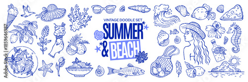 Summer doodle Mediterranean icons. Beach vacation food and sea illustration. Mediterranean Italian doodle lemon, sea, sun beach, wine. Hand drawn Italy and Greece vacation. Brush line Amalfi sketch bg