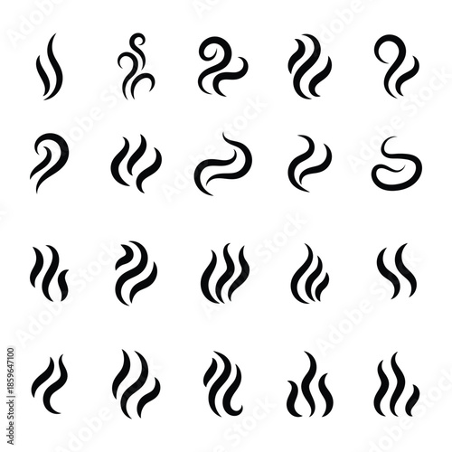 Abstract Flame Fire Line Icon Set, Heat Wave Smoke Flame Symbol Collection, Burning Energy Shape Minimal Outline Vector Design Elements.