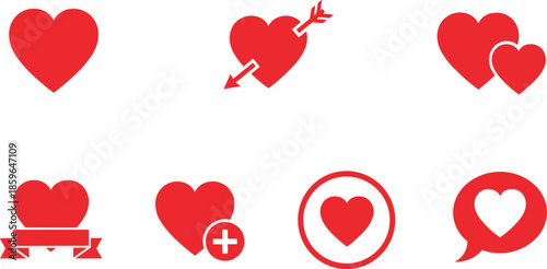 Vector illustration of heart shaped red balloons and a set of romantic hearts for Valentine’s Day celebration card design