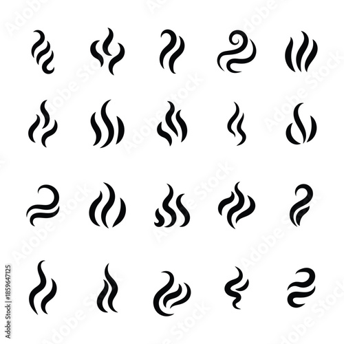 Abstract Flame Fire Line Icon Set, Heat Wave Smoke Flame Symbol Collection, Burning Energy Shape Minimal Outline Vector Design Elements.