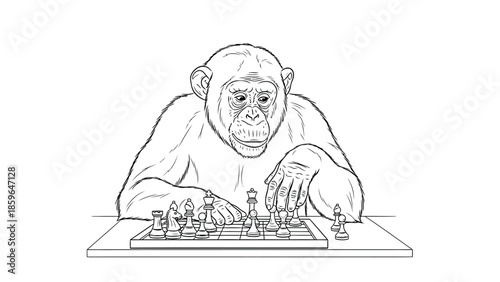 Chimpanzee Plays Chess At Table With Focus And Strategy In A Board Game Scene