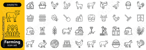 Farming line icon set. Vector pictograms of chicken, eggs incubator, henhouse, feeding equipment, free-range, rooster, agriculture, organic farm thin linear illustration