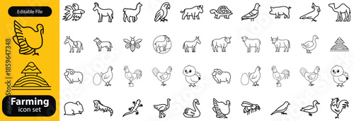 Farming line icon set. Vector pictograms of chicken, eggs incubator, henhouse, feeding equipment, free-range, rooster, agriculture, organic farm thin linear illustration